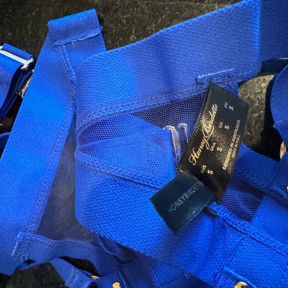 Honey Birdette Morgan Kukuro Electric Blue Set Small Medium Bra Panty Garter - Picture 4 of 13